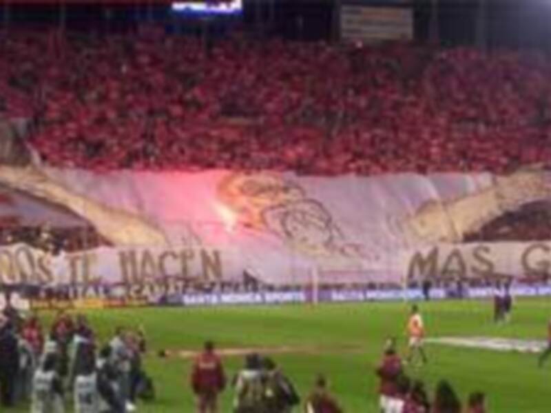 Aficionados en un estadio, celebrando con banderines y pancartas durante un evento deportivo.