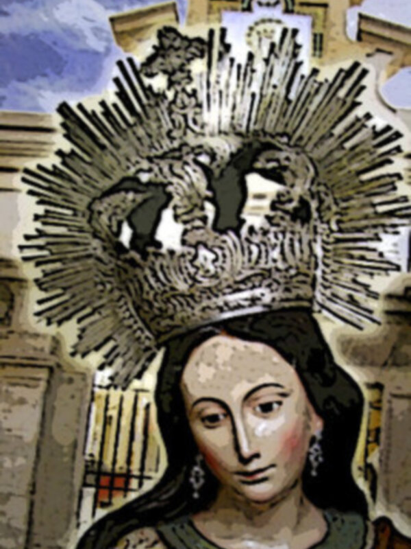 Imagen de una figura religiosa con un halo y una corona, posiblemente una virgen, en un entorno histórico.