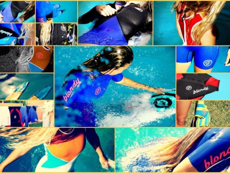 Montaje de fotos de nadadores en acción, destacando ropa de baño y accesorios de natación.