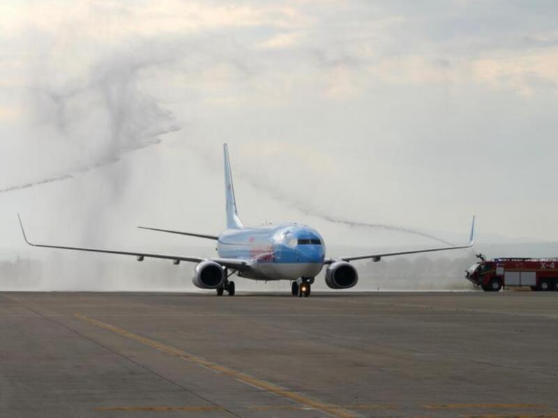 Un avión de pasajeros azul y blanco está en el suelo, con una columna de humo saliendo del motor izquierdo. A la derecha, hay un camión de bomberos rojo aparcado en el suelo. El cielo está nublado y la pista de aterrizaje es visible en el fondo.