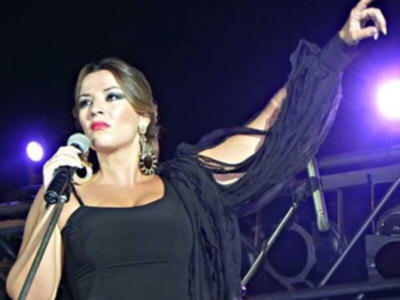 A una cantante en un escenario con luces de fondo. La actriz tiene el cabello largo y lleva una vestimenta negra con detalles en la manga. Está sosteniendo un micrófono y parece estar en plena actuación.