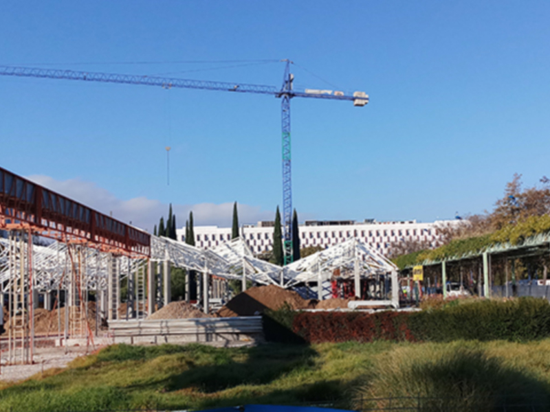 Construcción de estructuras metálicas con grúa y vegetación en el entorno.