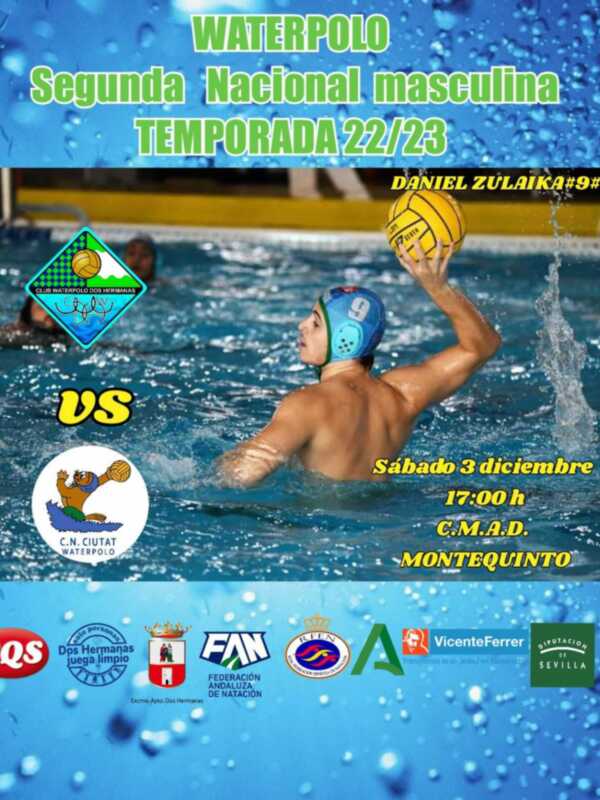 Cartel de un partido de waterpolo masculino en la Segunda Nacional Temporada 2022/23, con el logo de C. N. Cultat y el nombre del equipo rival en la parte inferior.