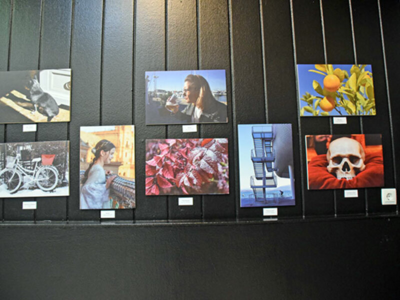 Una colección de seis fotos colgadas en una pared, cada una con un enfoque único y distintivo.