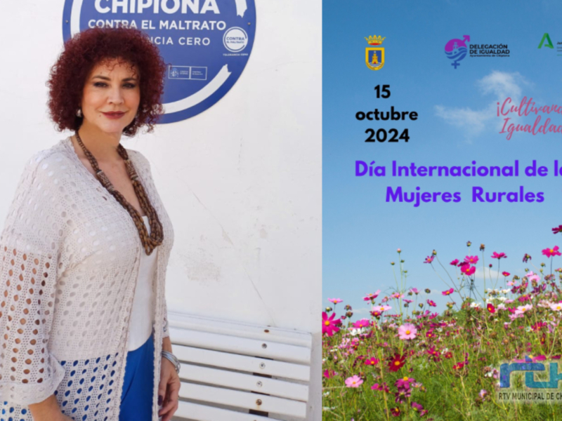 Este evento celebra el Día Internacional de las Mujeres Rurales en Chipiona, celebrado el 15 de octubre de 2024. La imagen muestra a una mujer con un vestido blanco y flores en el fondo, representando la celebración de este día.