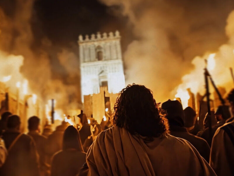 Una multitud con velas y armas en la noche, frente a una estructura histórica con llamas y humo.