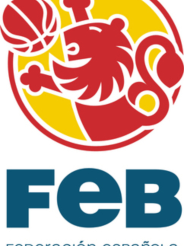 Logotipo de la Federación Española de Baloncesto, con un león rojo y una pelota amarilla en el centro.