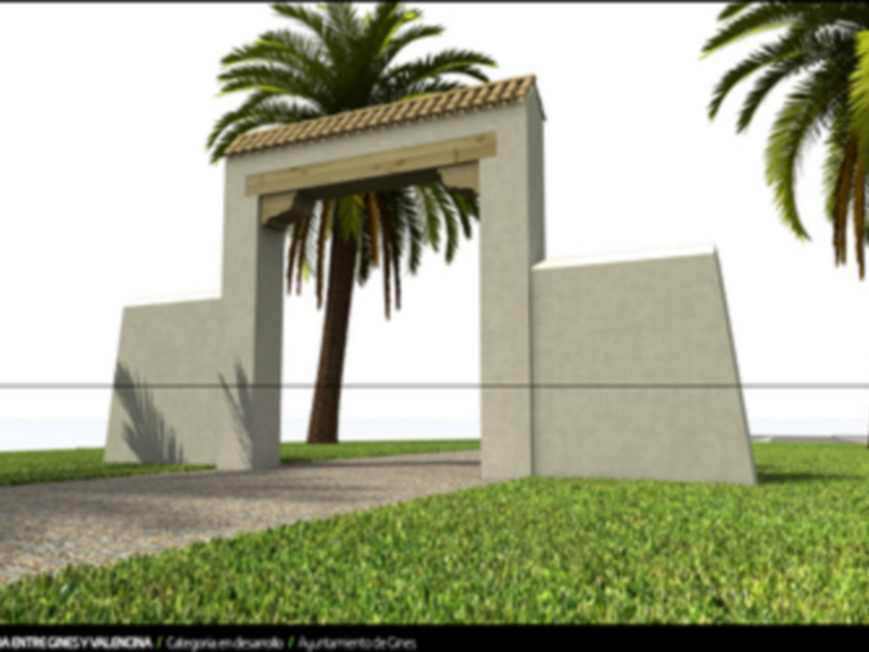Un arco de piedra con palmeras y césped en un paisaje tropical.