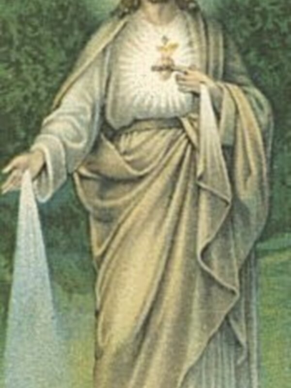 Imagen de Jesús con un corazón sagrado, vestido con una túnica blanca y sosteniendo un cetro. Contexto de naturaleza con árboles en el fondo.