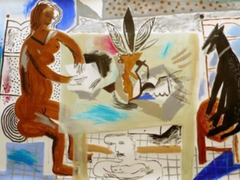 Una escena de dibujo animado con una figura femenina sentada a la izquierda, un perro en el centro y un gato en la derecha, todos en un entorno interior con detalles de colores y formas.