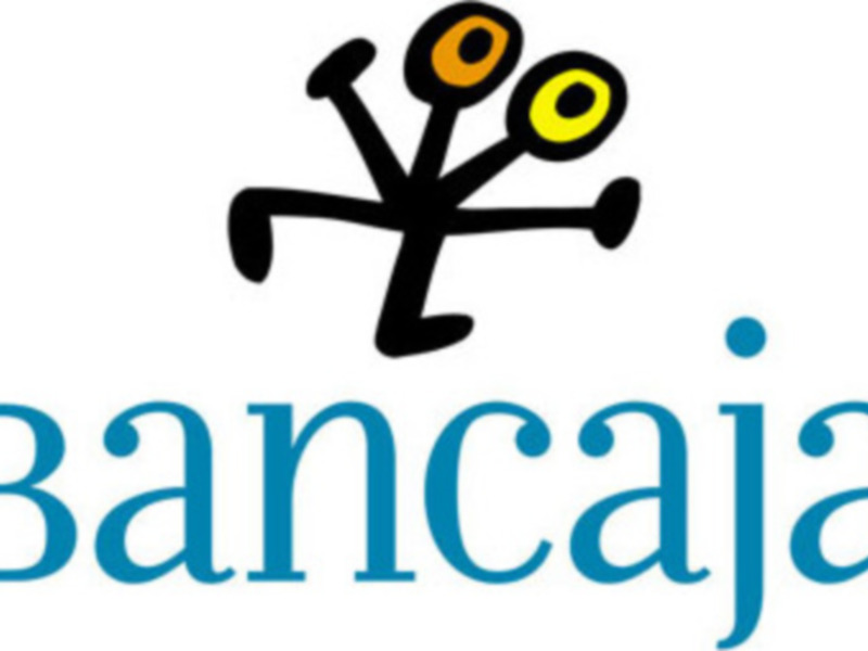 Logotipo de Bancaja con un personaje abstracto en negro y amarillo.