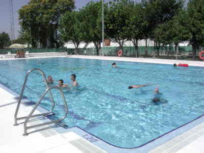 Piscina con personas nadando, barandilla de acero inoxidable, sombrillas y árboles al fondo.