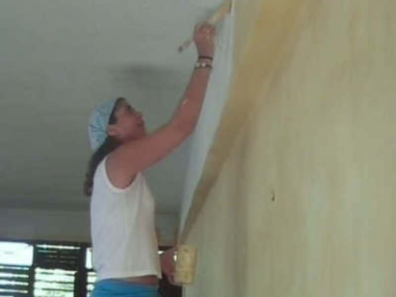 Una persona pintando una pared con un pincel, usando un casco protector y un vestido de camiseta blanca.
