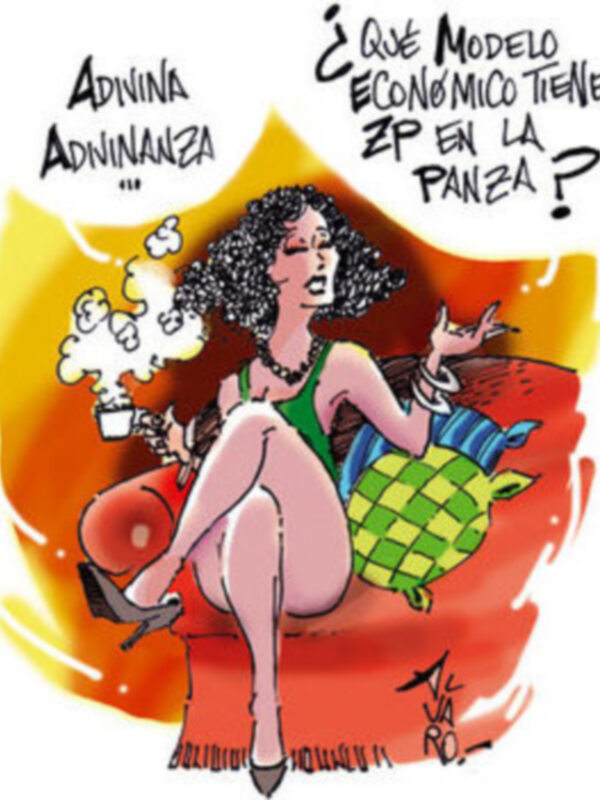 Una caricatura de una mujer en un vestido rojo con un cuchillo en la mano, sosteniendo una taza de café y con una expresión de miedo o sorpresa. El texto en la imagen dice '¿Qué modelo económico tiene ZP en la panza?'