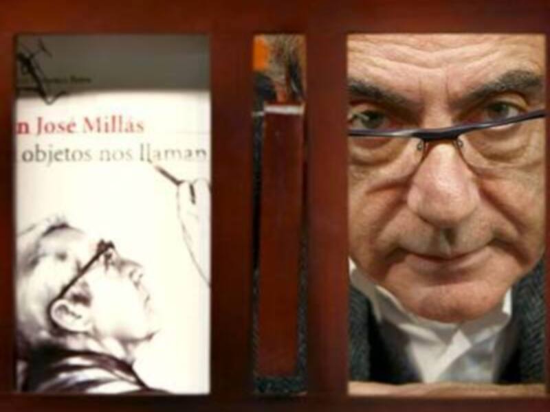 Un libro titulado "Objetos nos llaman" de José Millas, junto a una imagen del autor con gafas y expresión seria.