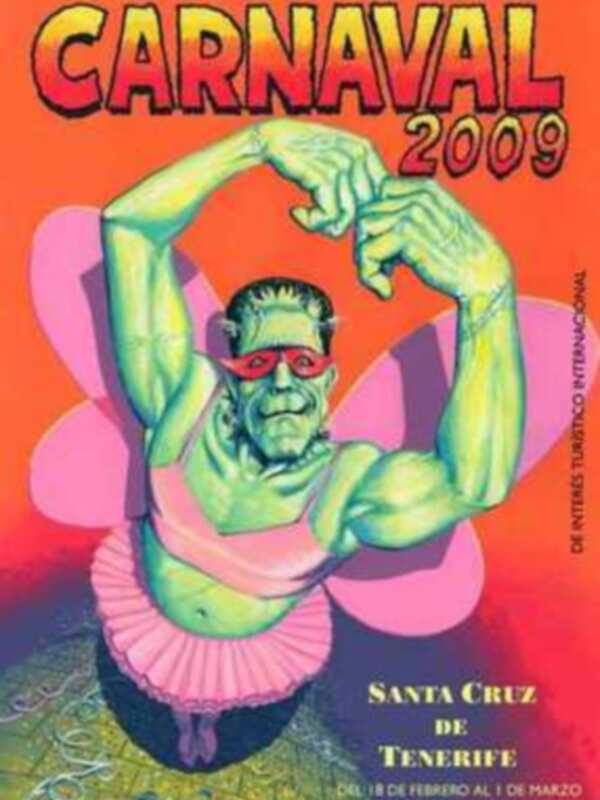 Cartel de Carnaval 2009 en Santa Cruz de Tenerife, con un personaje del universo Universal Studios en una pose de danza.