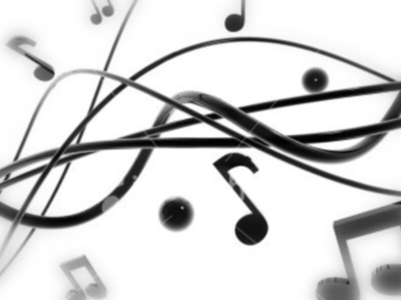 Notas musicales y líneas abstractas en blanco y negro, representando la música y la creatividad.