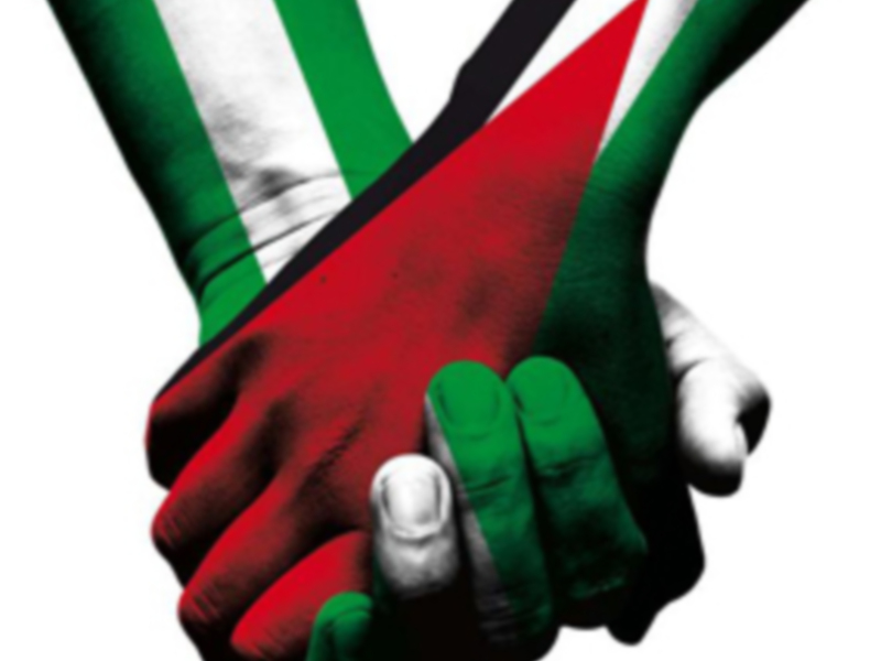 Dos manos se estrechan, cada una con la bandera de Italia y Palestina. Representa unión y cooperación entre ambas naciones.