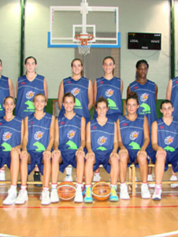 Equipo de baloncesto posando en cancha. Uniformes azules con logos verdes y rojos. Fondo de pared blanca con baloncesto en el aro.