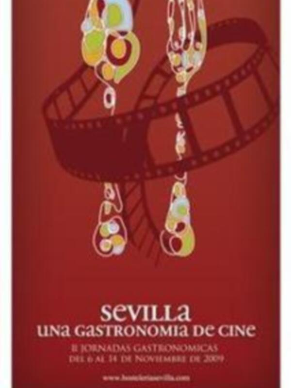 Poster de la Jornada Gastronómica de Cine en Sevilla, con una representación de un cinturón y una pelota de golf.