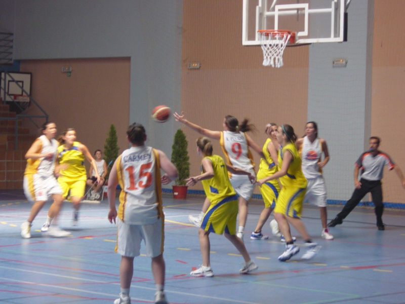 Una escena de un partido de baloncesto femenino en una cancha interior. Un jugador con el número 15 intenta un tiro libre mientras otras jugadores y el árbitro observan. La cancha tiene líneas de color amarillo y azul, con árboles verdes en el fondo.