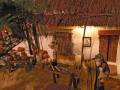 Un viejo hombre con barba y gorro de paja se sienta en una mesa de madera en un entorno rural con una casa de techo de paja, un árbol y una linterna roja.