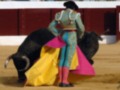 Un matador de toros se enfrenta a un toro en una plaza de toros. El matador, vestido con un traje tradicional azul y amarillo, sostiene una capa roja y amarilla. El toro está en movimiento, con su cuernos levantados. La arena es de tierra y el fondo muestra la pared roja de la plaza.