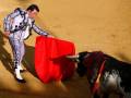 Un torero con un traje tradicional de color plateado y blanco, sujetando una muleta roja. Un toro negro con manchas blancas está al lado, mirando hacia el torero. La imagen se toma en un anfiteatro de arena amarilla, típico de las corridas de toros.