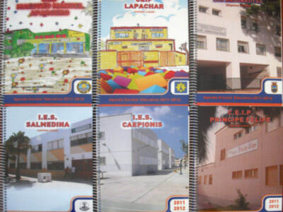 Estas imágenes muestran portadas de agendas escolares para diferentes instituciones educativas españolas.