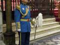 Guardia ceremonial vestido de azul en un interior ornamental, posando con una espada.