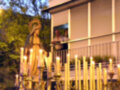 Una estatua de la Virgen María en un candelabro iluminado por velas, con una casa de dos pisos al fondo. Un hombre está observando la escena desde el balcón del segundo piso.
