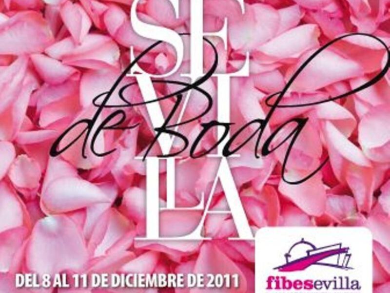 FIBES Sevilla 2011: Una exposición de bodas con flores rosas y un logotipo en el fondo.