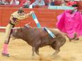 Un torero en traje tradicional lucha con un toro en la plaza de toros. El torero usa una capa roja y un chaleco dorado, mientras el toro está en movimiento. La arena es de tierra y hay espectadores en los muros laterales.