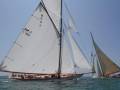 Barcos de vela en el mar, con velas blancas y marrones. El barco más grande tiene la bandera "ESP 1" en el ala izquierda. El cielo es azul claro y la agua es turquesa.