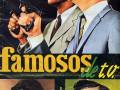 "Portada del libro 'Famosos de TV' con dos hombres en traje, uno sosteniendo una pistola. Imagen del libro muestra a otros dos hombres en traje."