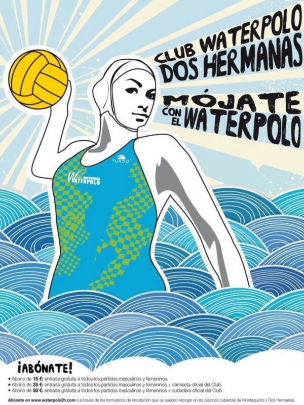 Afiche del Club Waterpolo Dos Hermanas promocionando su temporada con descuentos y entradas gratuitas.