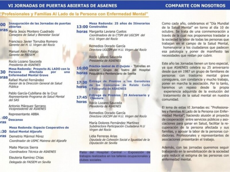 VI Jornadas de Puertas Abiertas de ASAEÑES: Celebración del Día Mundial de la Salud Mental con diversas actividades y ponencias en el Hospital Virgen del Rocio.