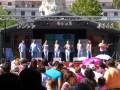 Una banda de cuatro músicos se presenta en un escenario al aire libre con una multitud de espectadores. El público está sentado y algunos están de pie, disfrutando del concierto. La escena se desarrolla en un día soleado con árboles y edificios al fondo.