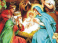 Escena navideña con la Virgen María, el Niño Jesús y los Reyes Magos. Un cordero y un ángel se encuentran en el fondo, todo bajo una luz estrellada.