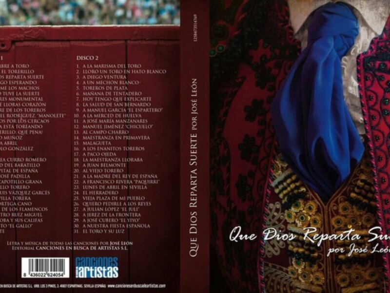 Detalle de un libro con letras de canciones en español, incluyendo el título 'Que Dios Reparta Suerte' por José León. El diseño incluye detalles de trajes tradicionales y texturas de piel roja.