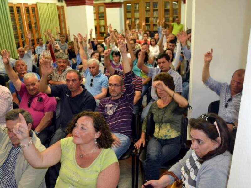 Una multitud de personas en una sala con cortinas verdes y madera, todos levantando las manos. La imagen muestra una expresión de entusiasmo y participación colectiva en un evento o conferencia.