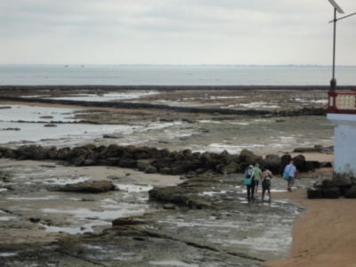 Se observa una tranquila playa con rocas y agua salada, donde tres personas caminan por el litoral. El cielo está nublado y la vista se extiende hasta el horizonte, donde se distingue una nave en el mar. La escena transmite un ambiente relajante y natural, ideal para una caminata en compañía.