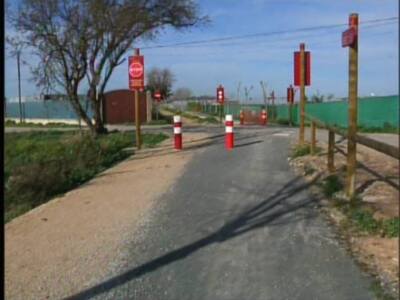 Un camino asfaltado con señales de tráfico rojas y amarillas, flanqueado por muelles de madera y un muro verde. La escena está al aire libre, con un cielo azul claro y árboles en el fondo.