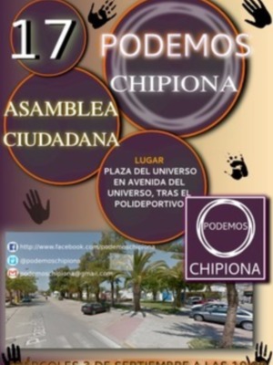 Asamblea Ciudadana de Podemos en Chipiona, 17 de septiembre. Lugar: Plazuela del Universo, Avda. del Universo, tras el Polideportivo.