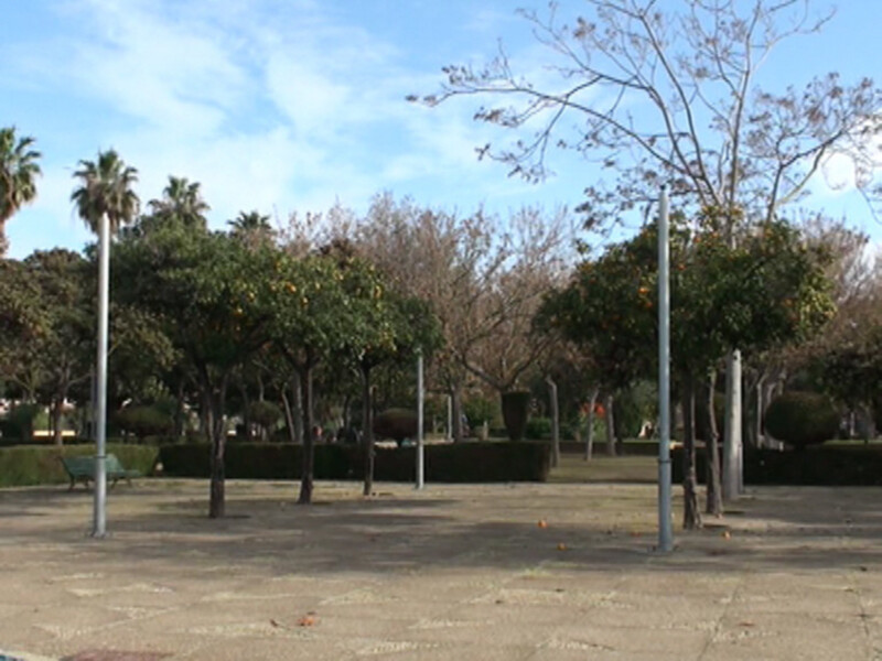 Parque con árboles frutales y bancos, en un día soleado.
