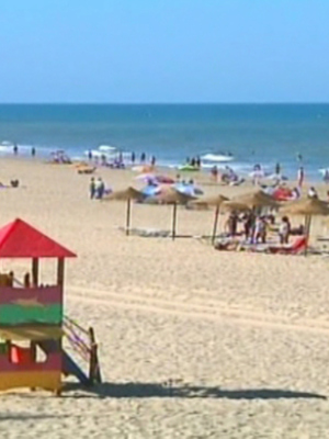 Playa con sombrillas, toldos y una torre de vigilancia infantil en la arena. Fondo con el mar y cielo azul claro.