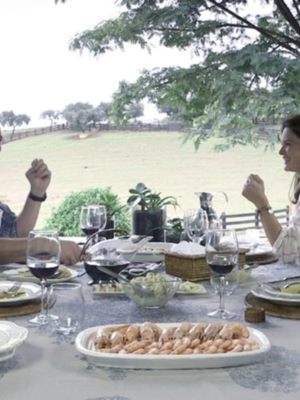 Una familia de cuatro personas está sentada a una mesa al aire libre, disfrutando de un almuerzo. La mesa está servida con platos, copas de vino y una variedad de postres. El ambiente es relajado y agradable, con un paisaje verde en el fondo.