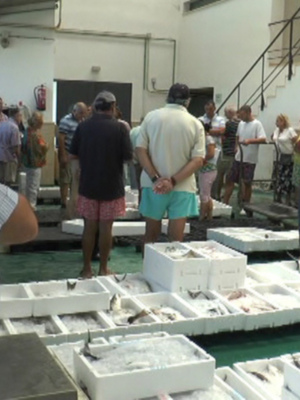 Mercado de pescado con vendedores y compradores intercambiando en un ambiente comercial.