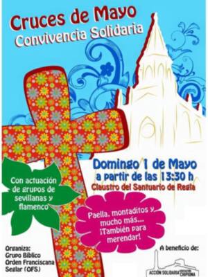 Cartel anunciando la 'Convivencia Solidaria' el Domingo 1 de Mayo en el Claustro del Santuario de Chipiona, con paella, montaditos y actividades de grupos sevillanas y flamenco.