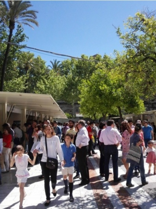 Una multitud de personas caminando por una calle con tiendas y árboles al fondo bajo un cielo azul claro.